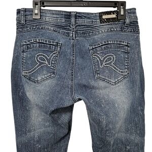 Rocawear Jeans Women 11 Blue Moto Skinny Acid Wash Embroidered Pockets Ribbed